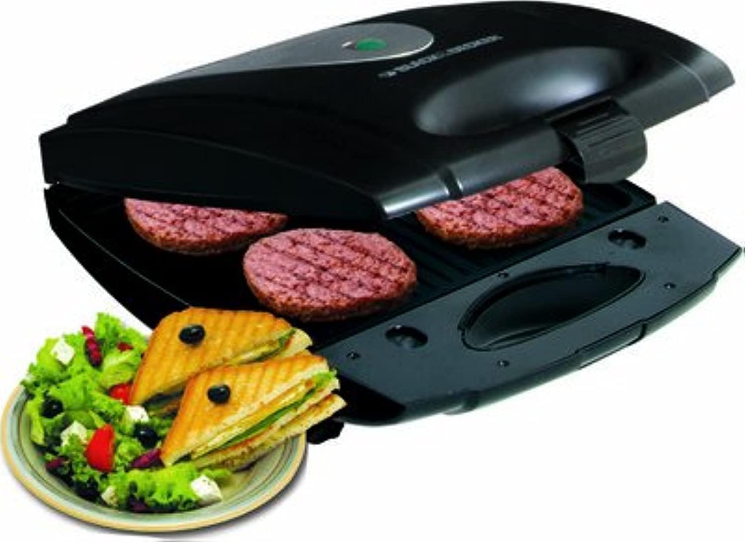 Black sandwich maker with open plates, showing cooked patties and sandwiches