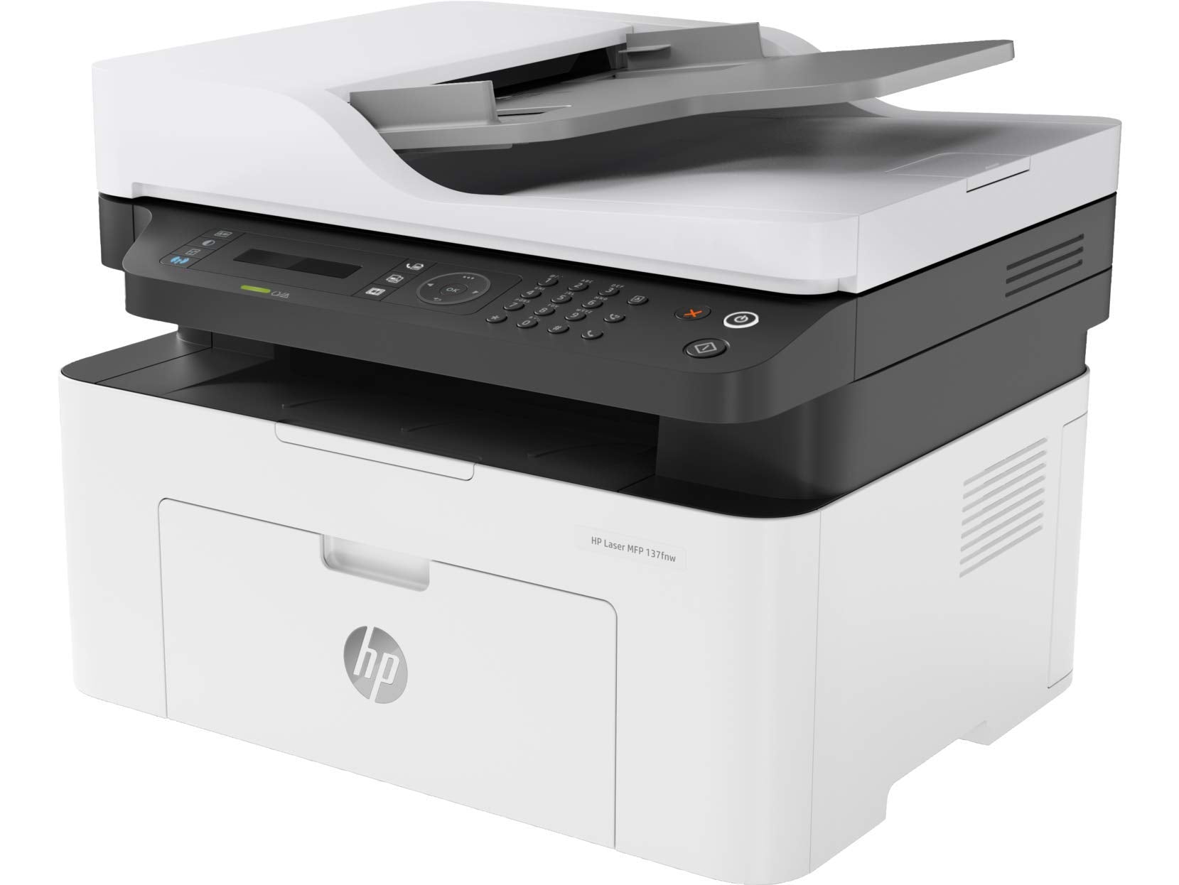 HP monochrome laser MFP, black control panel and document output tray