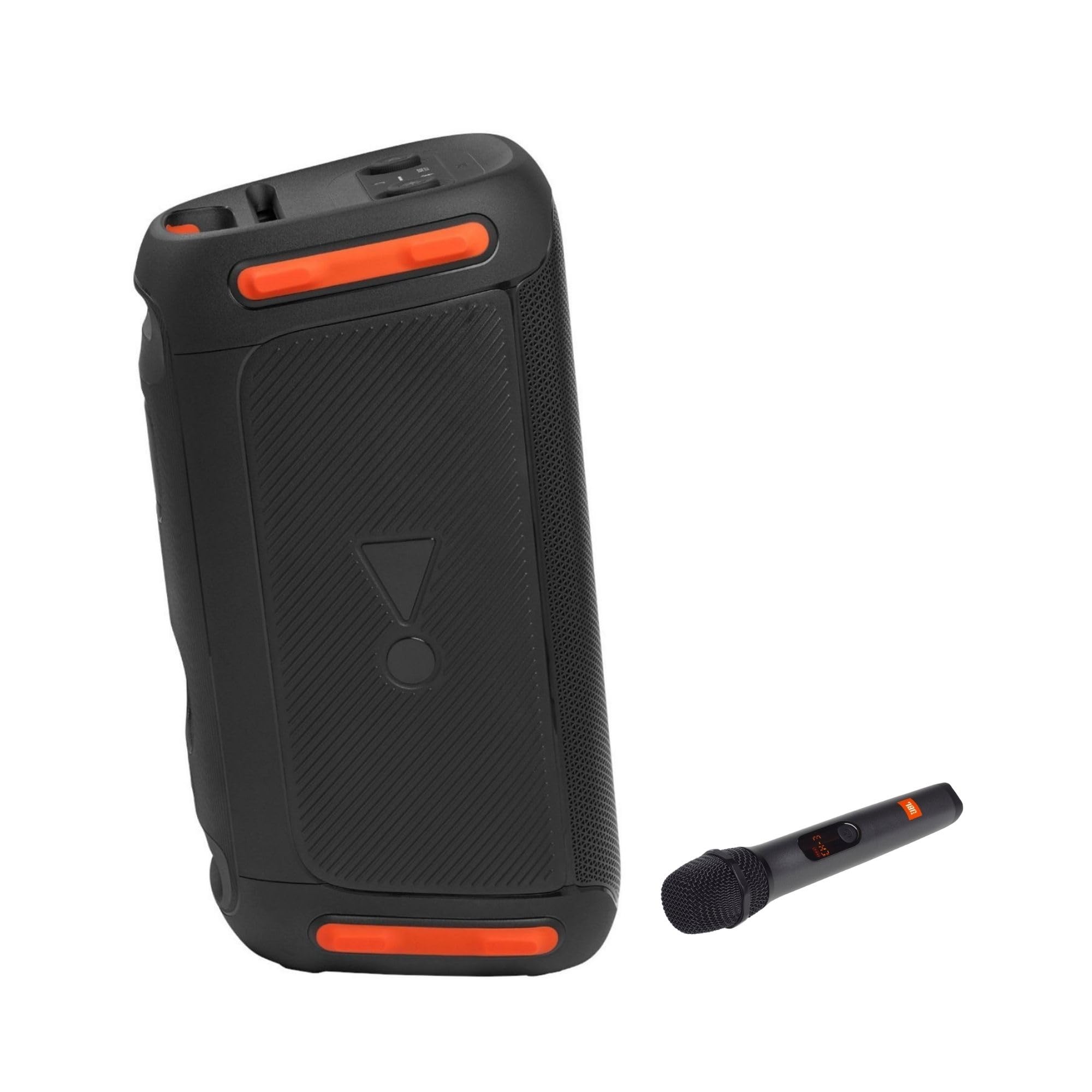 Black portable party speaker rear panel with orange accents and wireless handheld microphone.