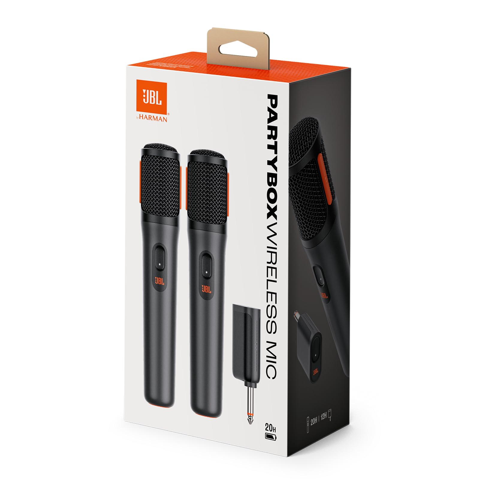 JBL Parrybox wireless mic set box packaging with two black microphones shown