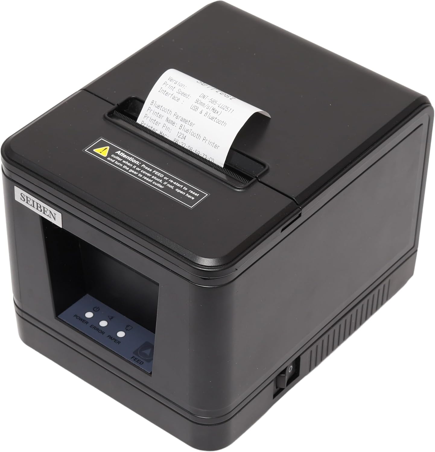 Black POS thermal receipt printer with open paper cover and front control display