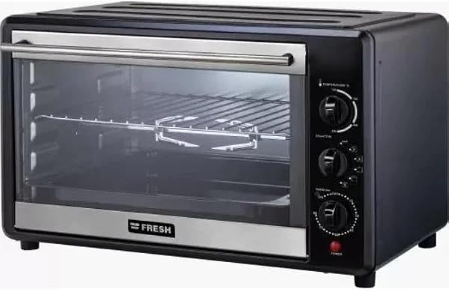 Black countertop electric oven with glass door and right-side control knobs