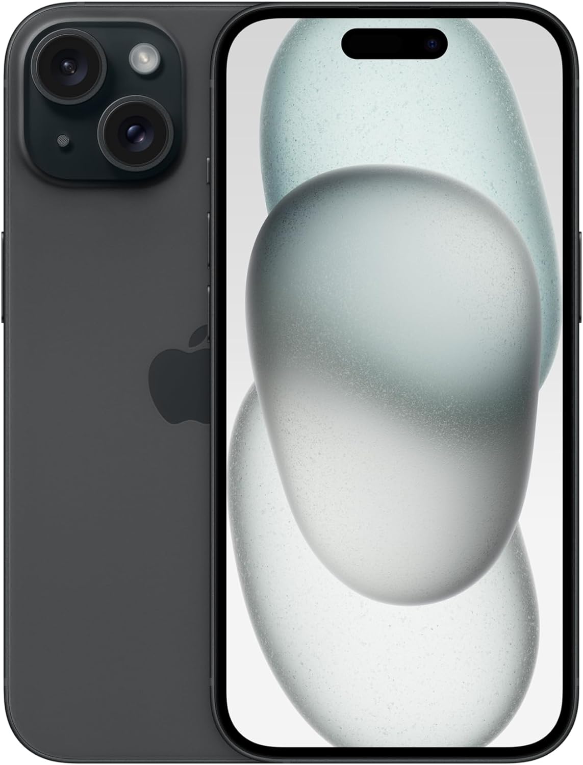 Apple iPhone 15 in dark gray, front and back view with dual camera lenses