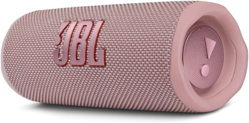 Portable JBL Flip 6 speaker in pink fabric with JBL logo and side control panel