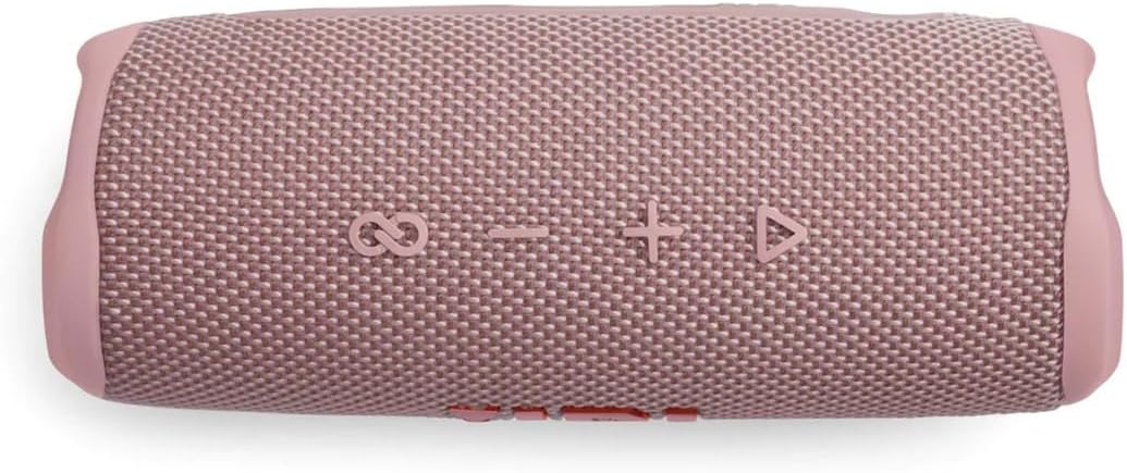 Pink JBL Flip 6 speaker with grille texture and control icons on top