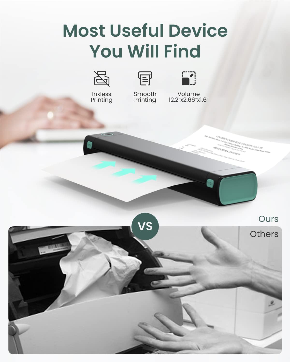 Inkless thermal A4 printer on paper with teal end accents