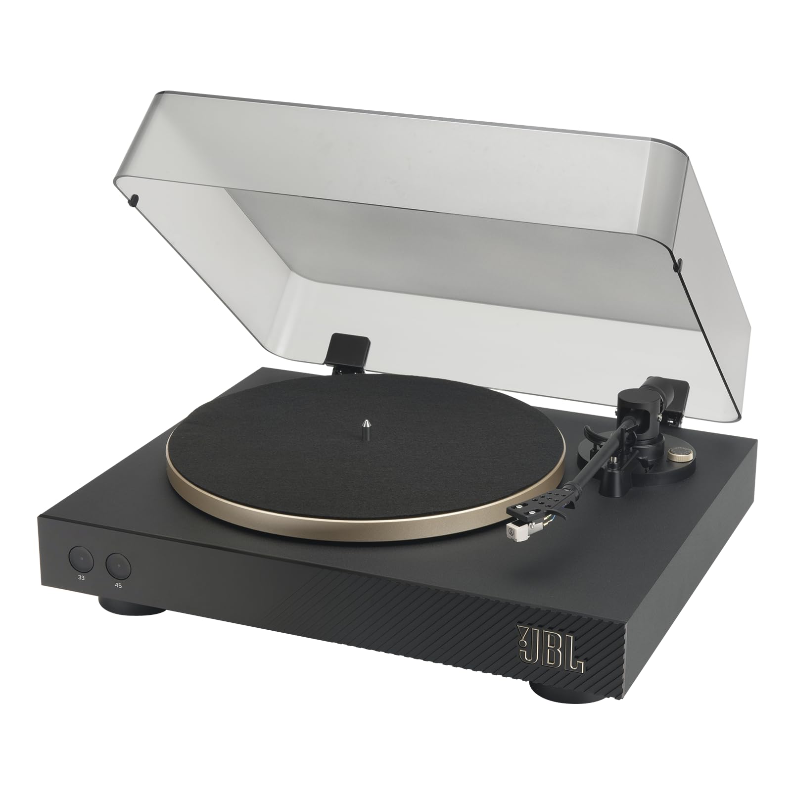 Black turntable with open clear dust cover, gold ring platter, and tonearm on base