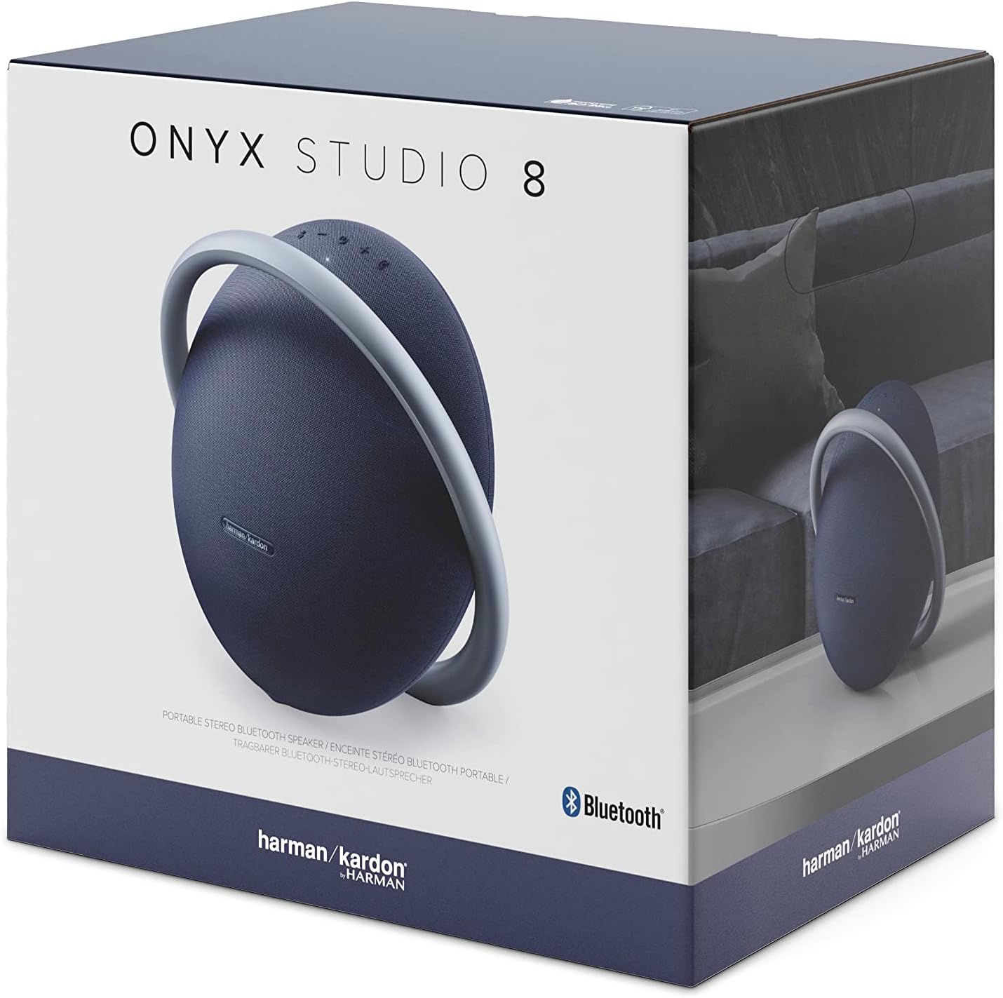 Portable Bluetooth speaker in blue on retail box, ear-shaped speaker shown
