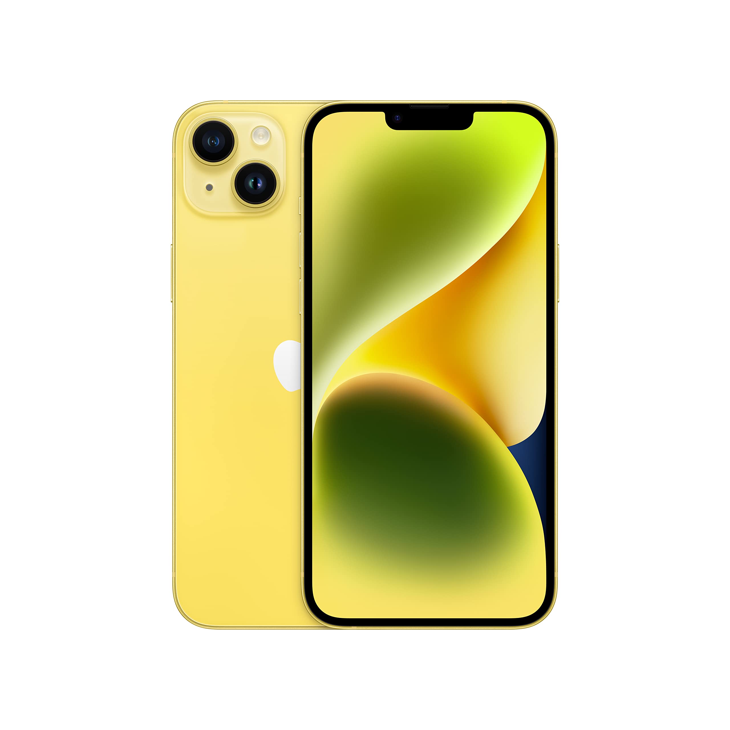 Smartphone with yellow back and dual rear cameras, front display with green and yellow wallpaper