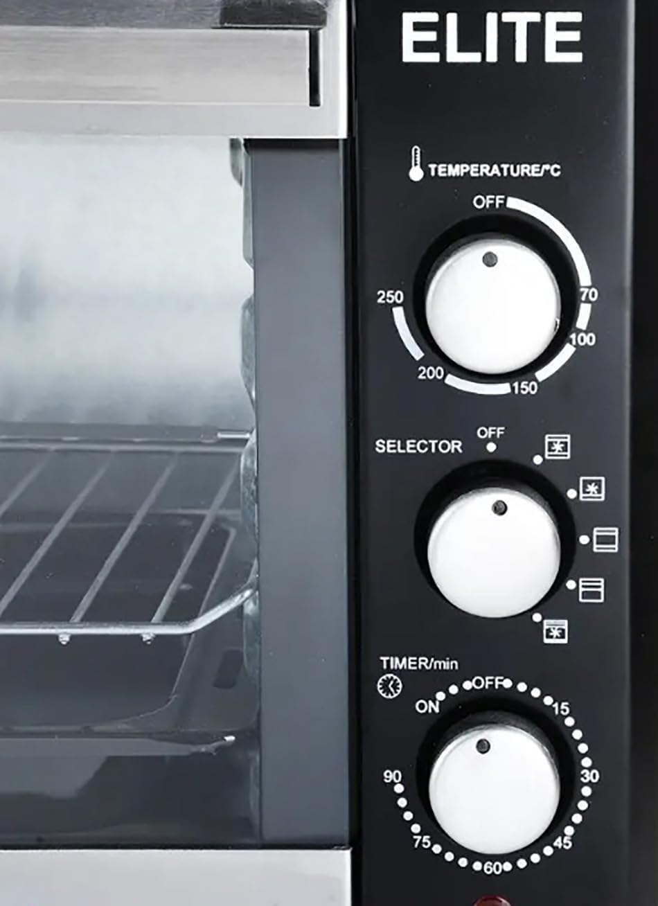 Electric oven control panel with three white knobs and temperature/selector settings