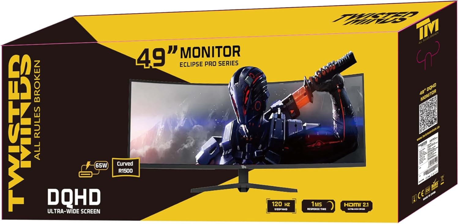 49-inch curved gaming monitor retail box with yellow graphics and device image