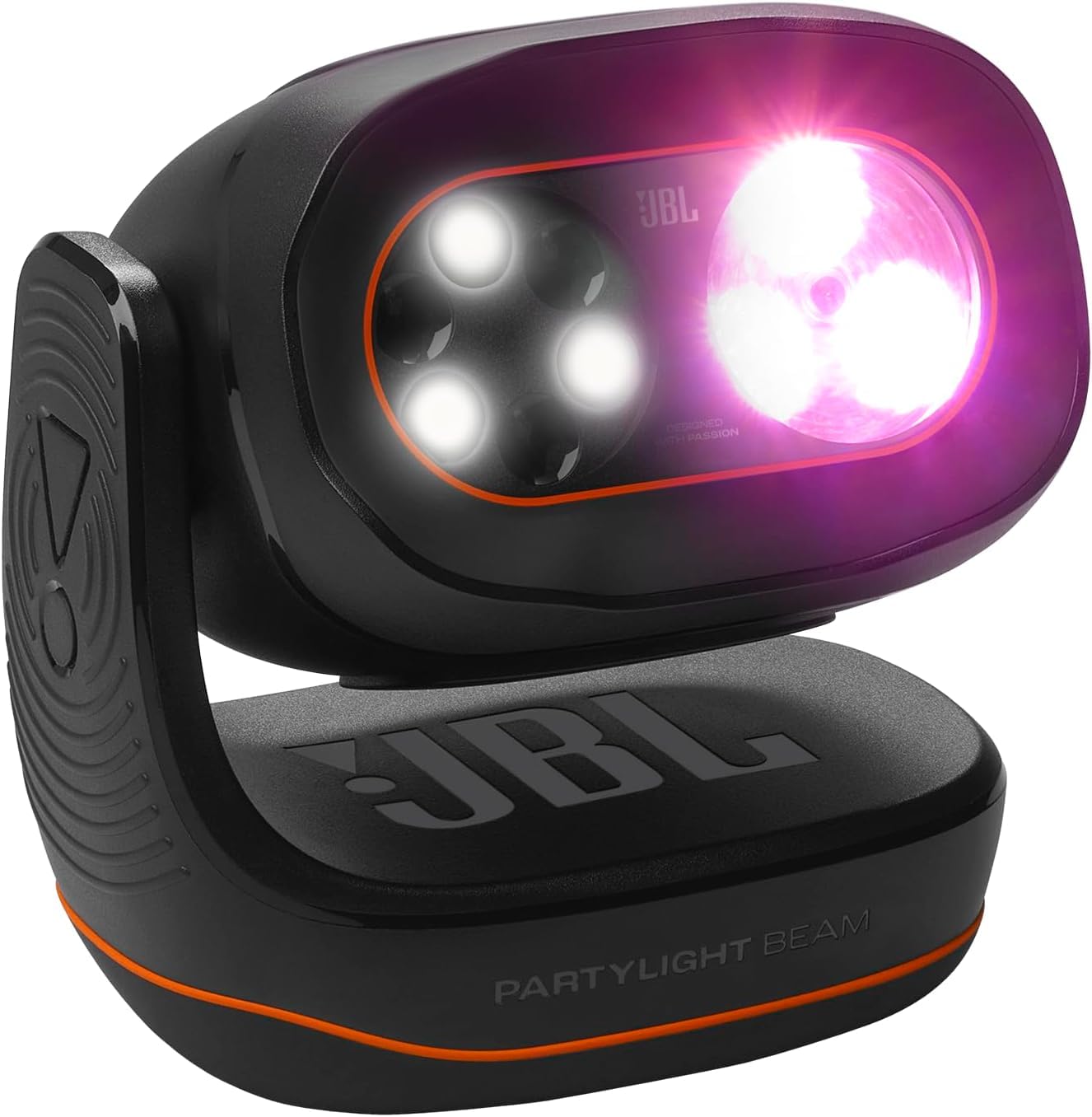 Portable Bluetooth speaker angled with bright purple light and orange accent base