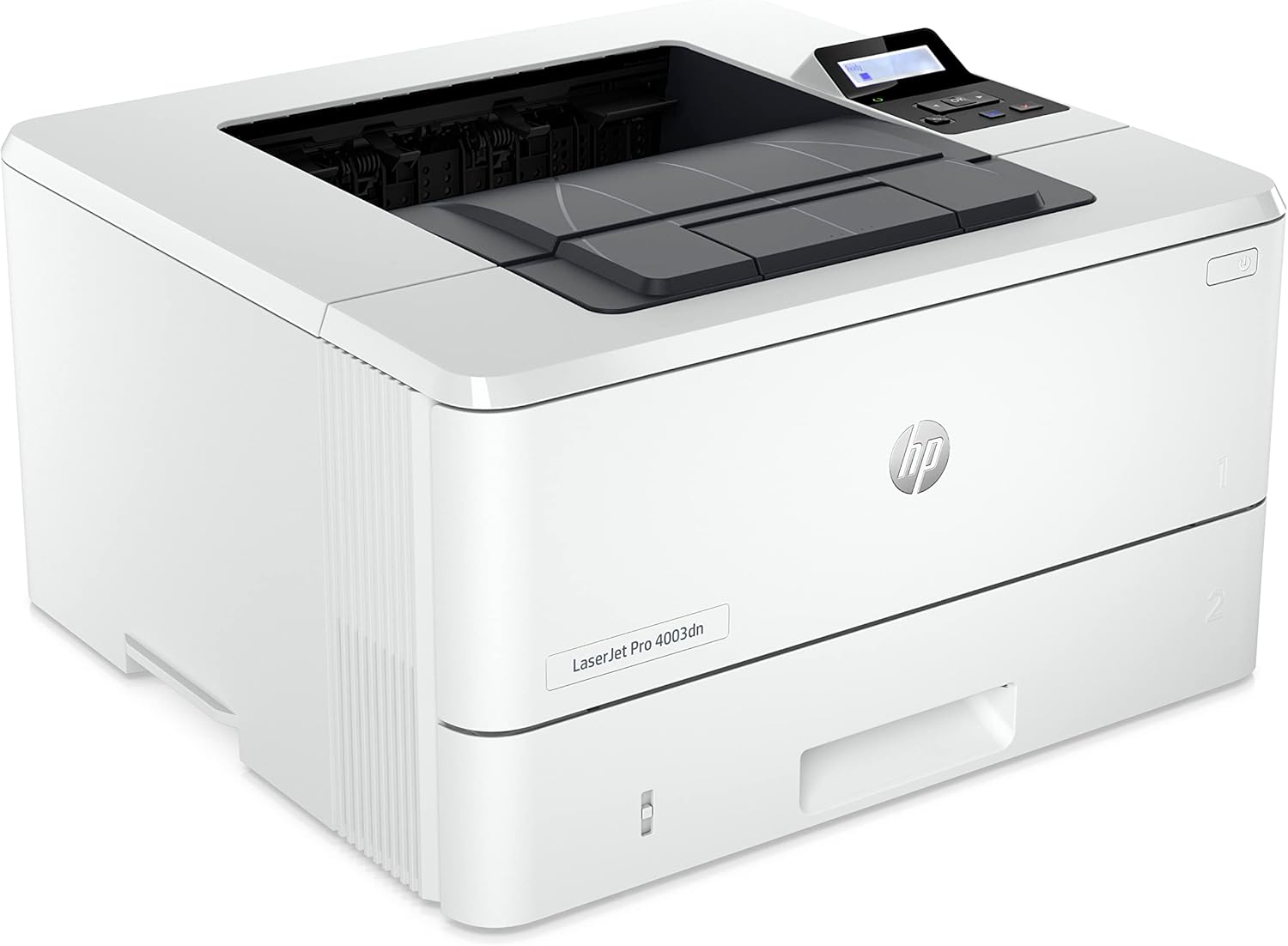 White HP LaserJet Pro laser printer, open input tray with front access area