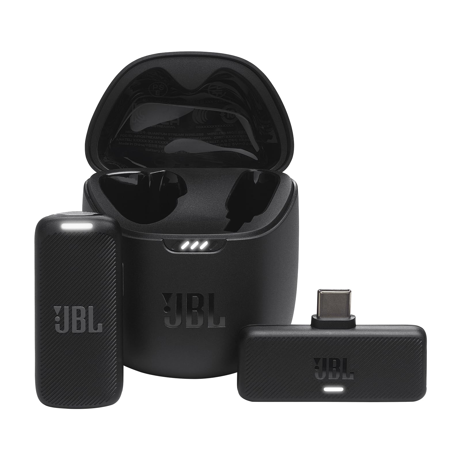 Black microphone charging case open with two microphones and USB connector