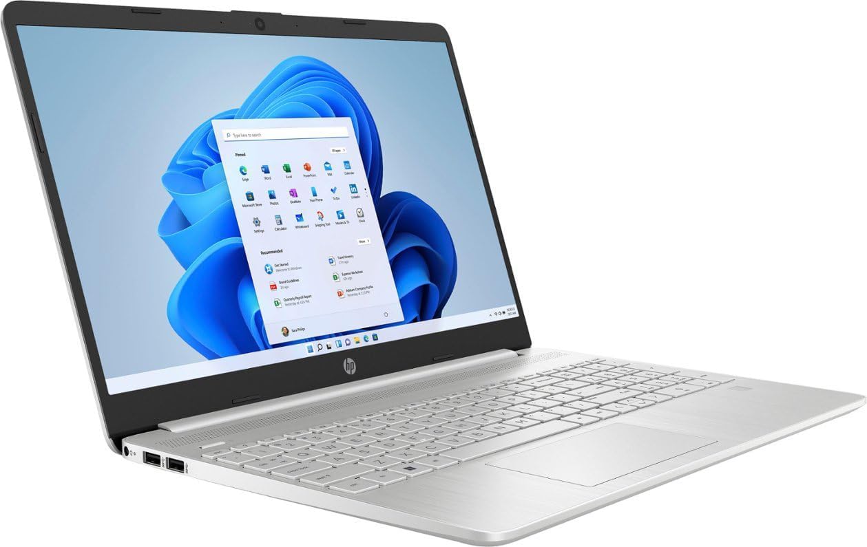 HP 15s business laptop, angled view with open display and keyboard