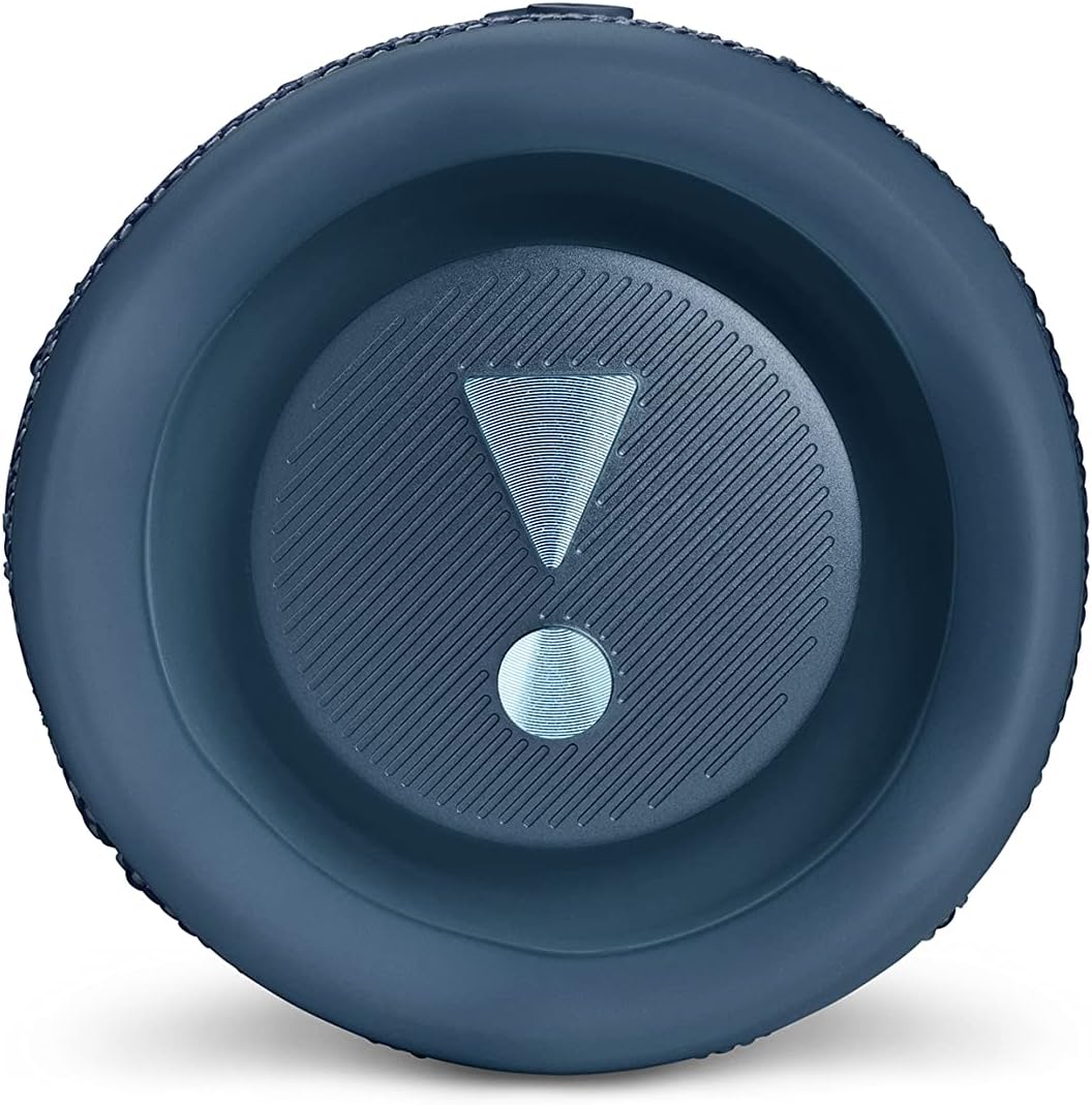 Portable Bluetooth speaker, dark blue fabric with circular driver grille detail