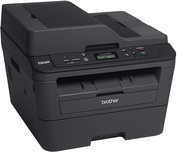 Black Brother monochrome laser multifunction printer, close front view with LCD and buttons