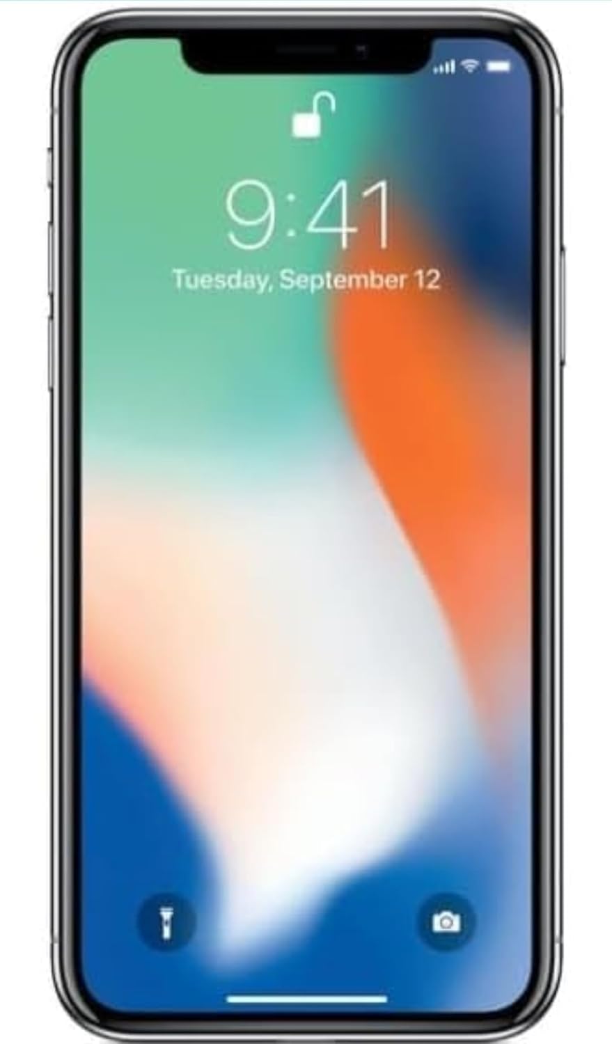 Renewed iPhone X, silver front display with 9:41 time and date