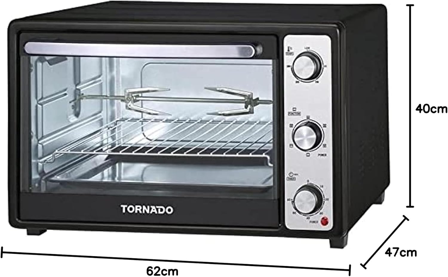 Electric microwave oven with grill in black, showing exterior and side dimension marks