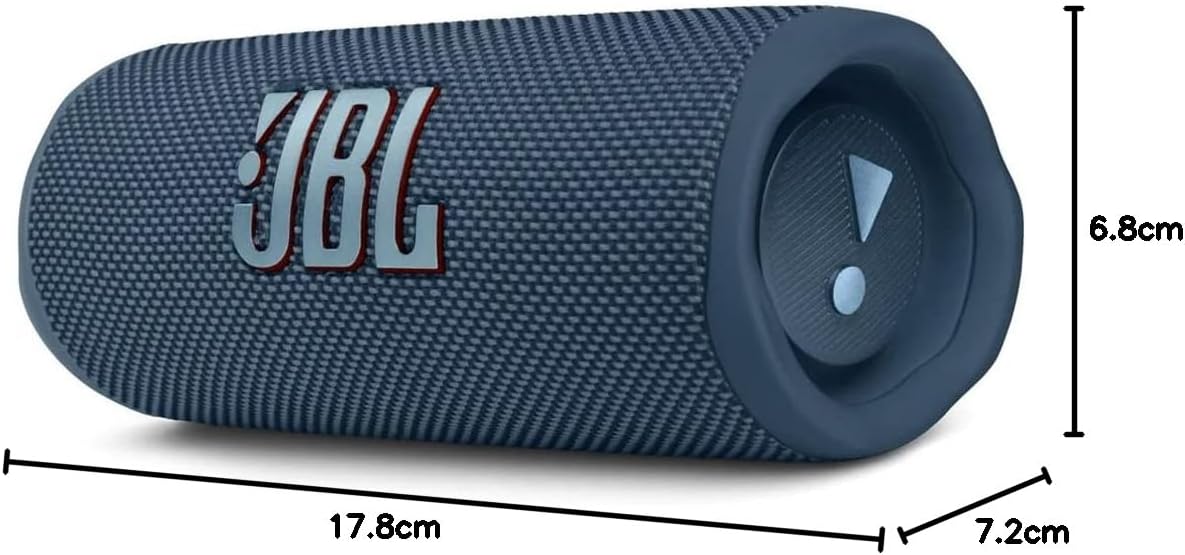 Compact JBL Bluetooth speaker with blue fabric texture and rubber end cap