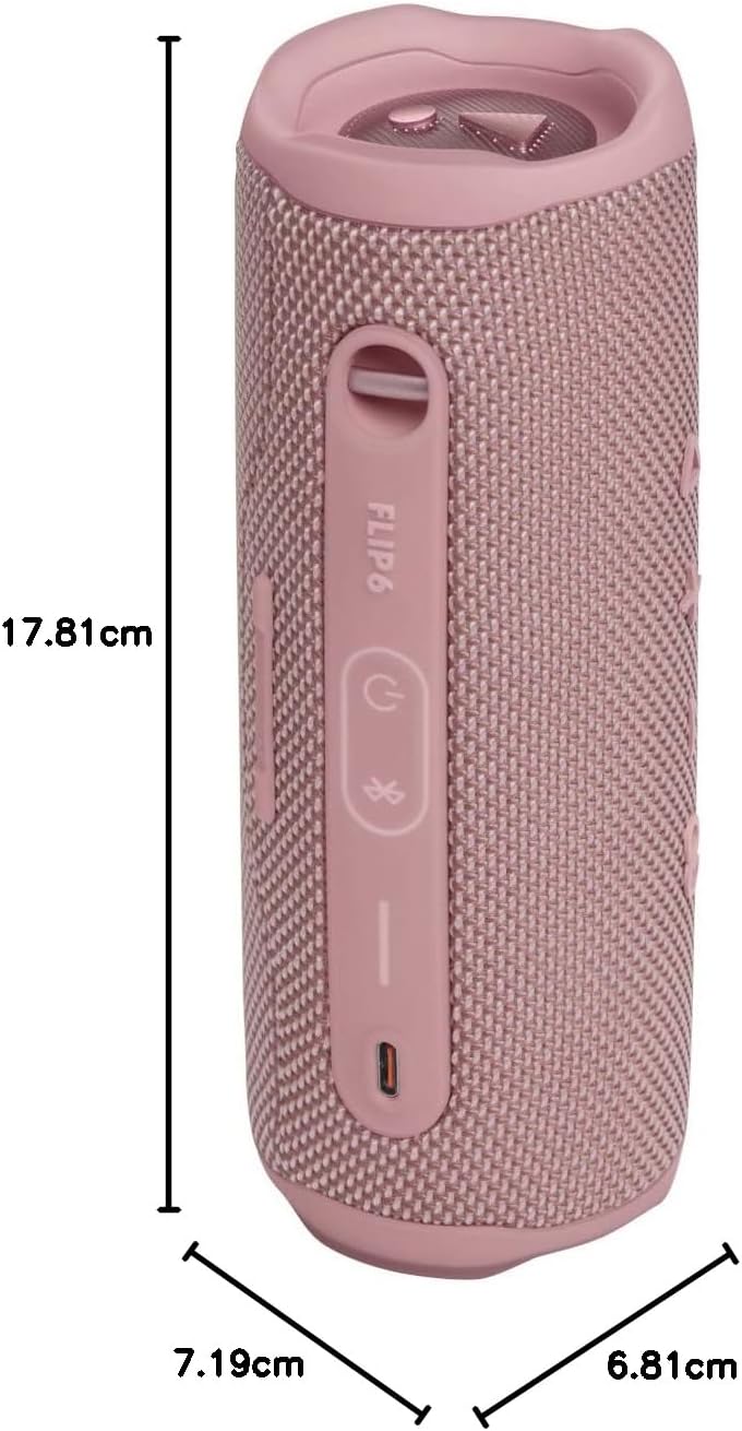 Pink portable Bluetooth speaker with side control panel and charging port, with size diagram