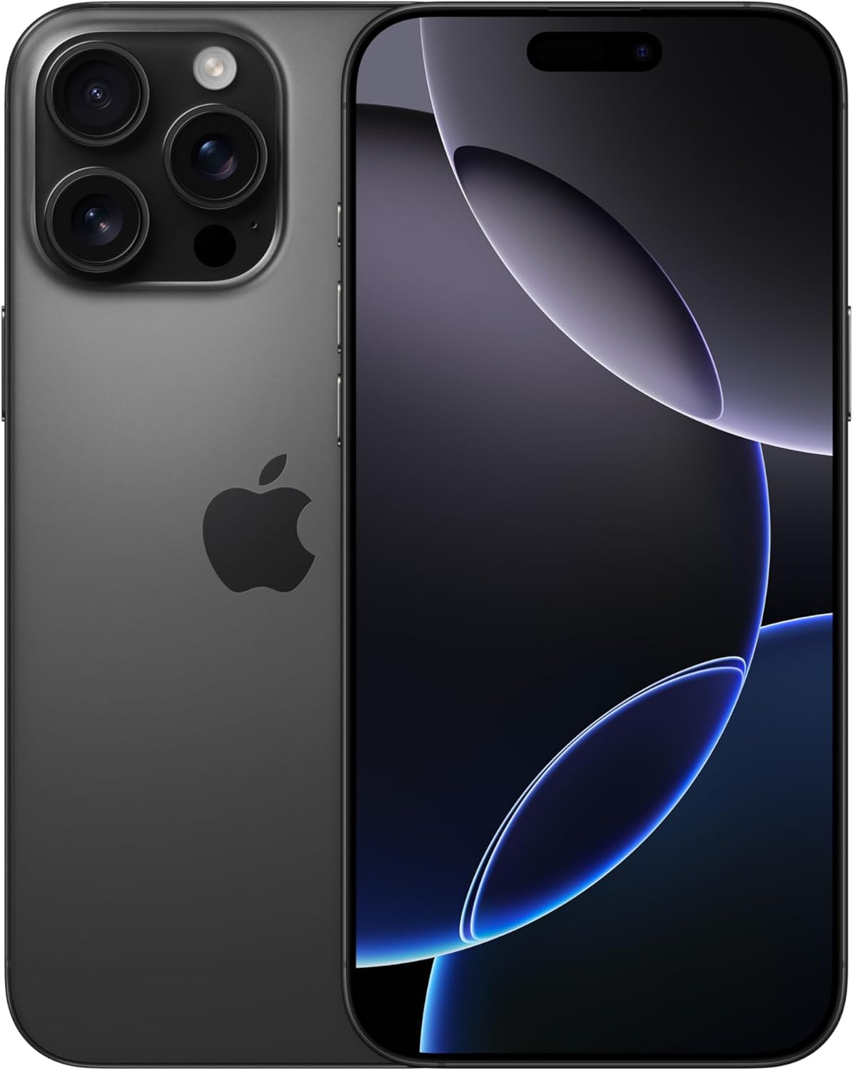 iPhone 16 Pro Max phone in black titanium, front and back view with triple camera array