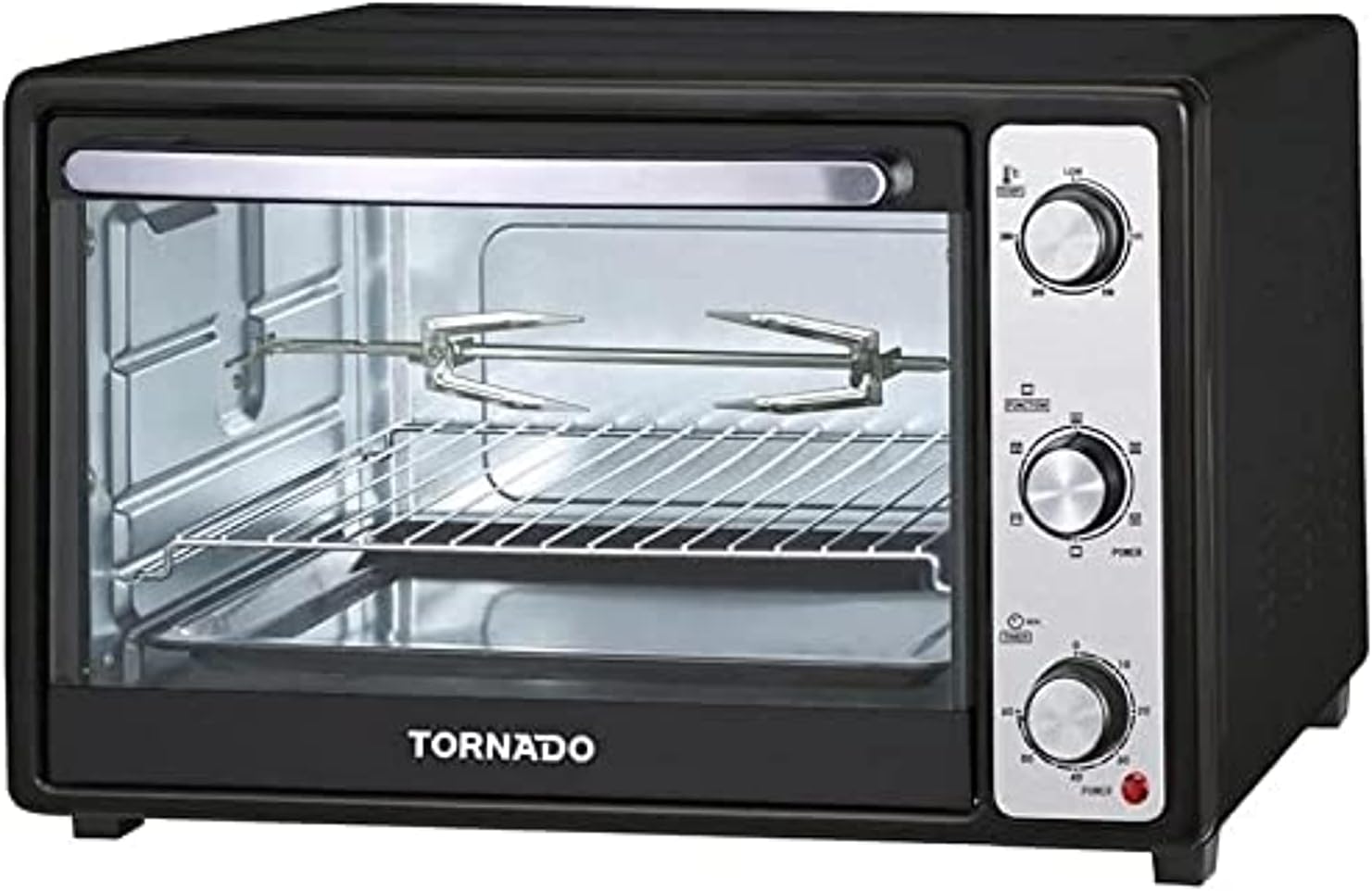 Electric microwave oven with grill, open door showing wire rack and interior heating area