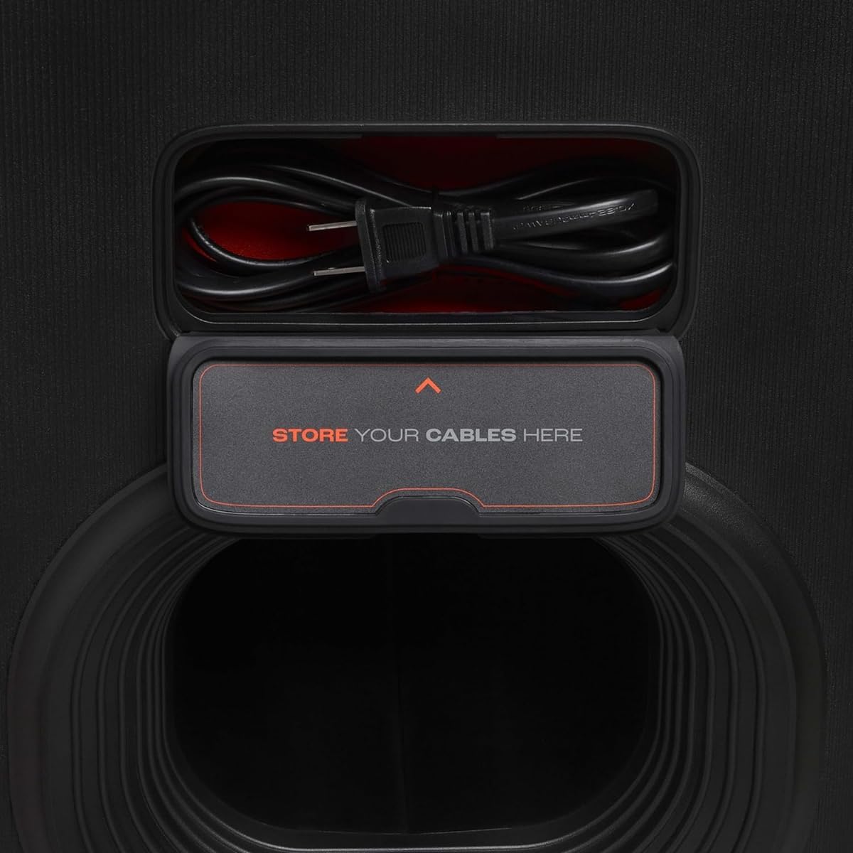 Portable speaker cable storage case with neatly coiled cables inside