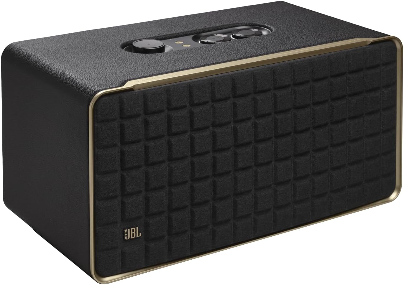 JBL smart home speaker, black fabric grille with gold edge trim and top controls