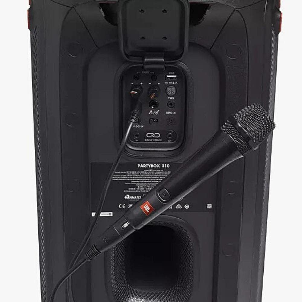 Open black microphone charging case with control panel and cable ports