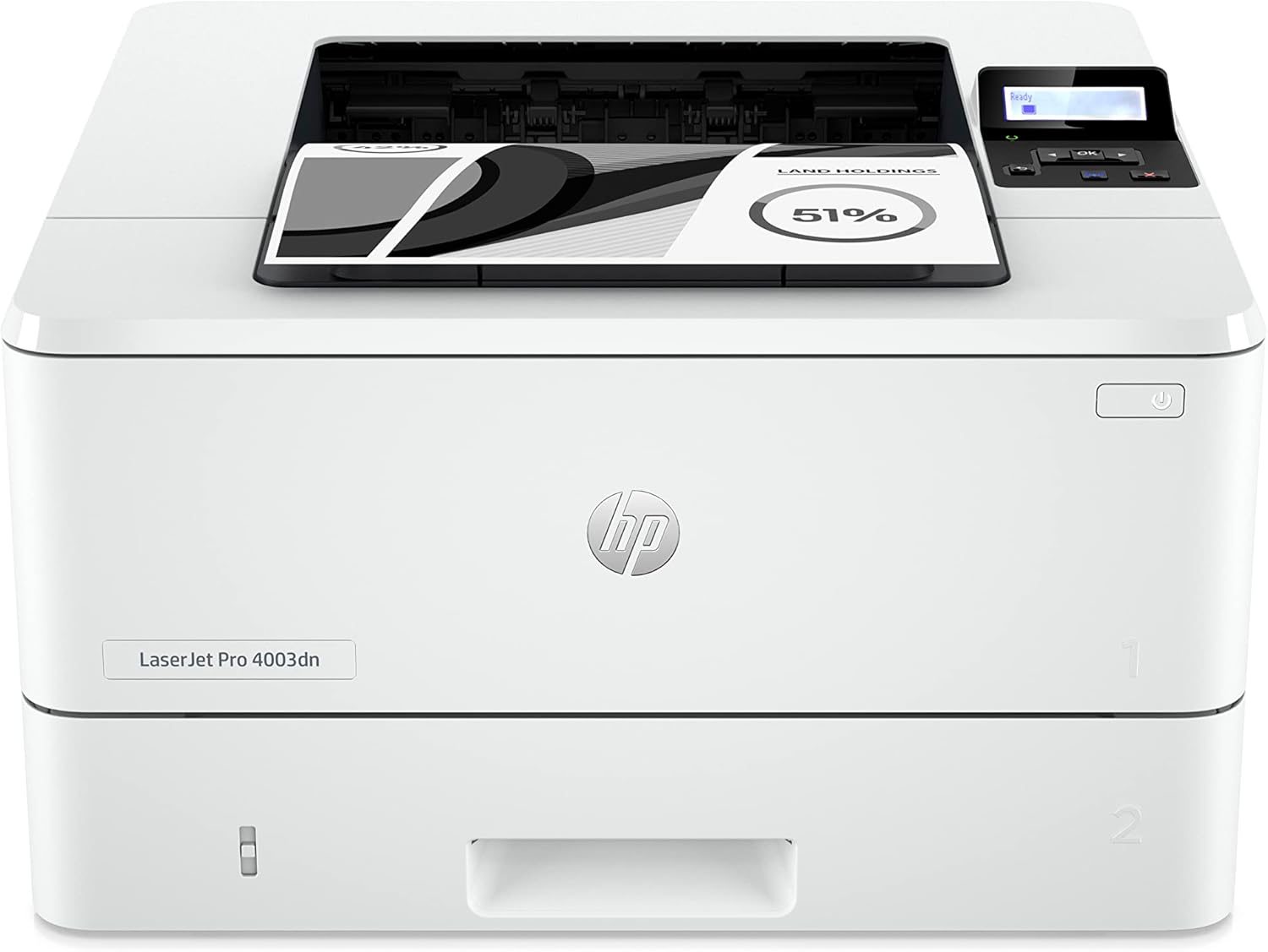 White HP LaserJet Pro laser printer, front panel with display and open input tray