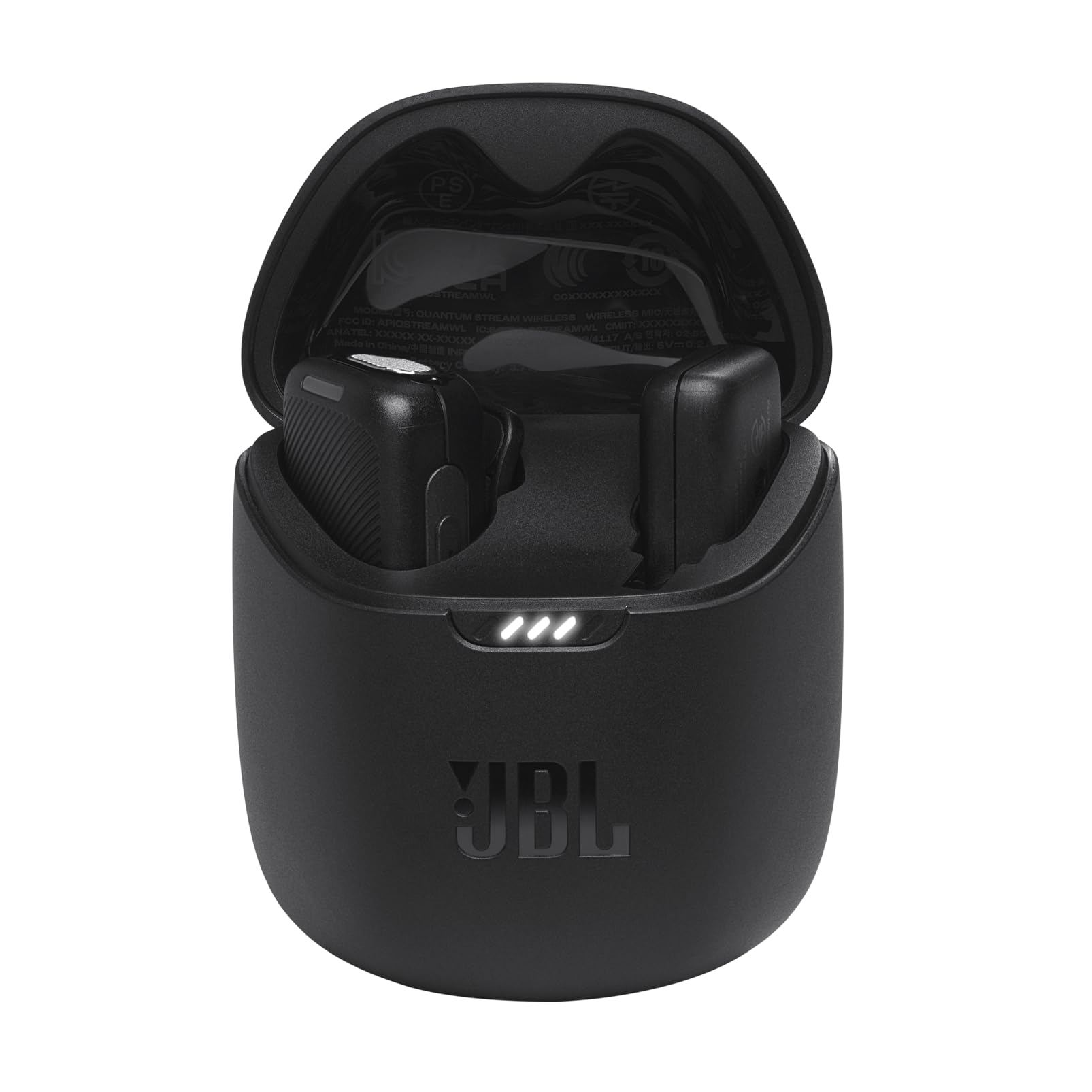 Charging case with JBL logo holding black wireless earbuds inside