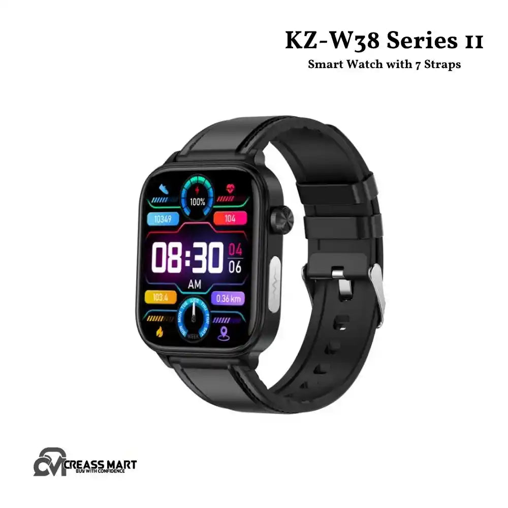Black smartwatch with rectangular touchscreen and silicone strap