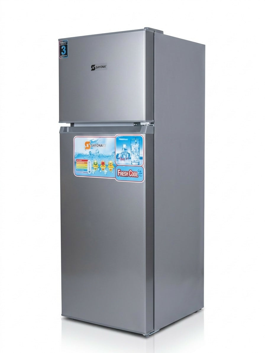 Double-door refrigerator, silver exterior with front display and two closed doors.