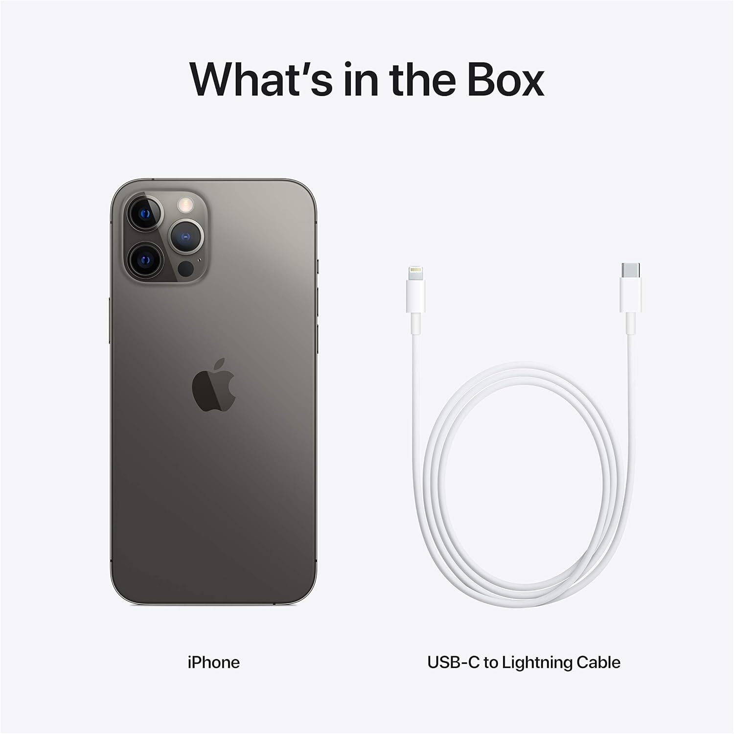 iPhone 12 Pro Max and USB-C to Lightning cable in box, phone and charging cord shown