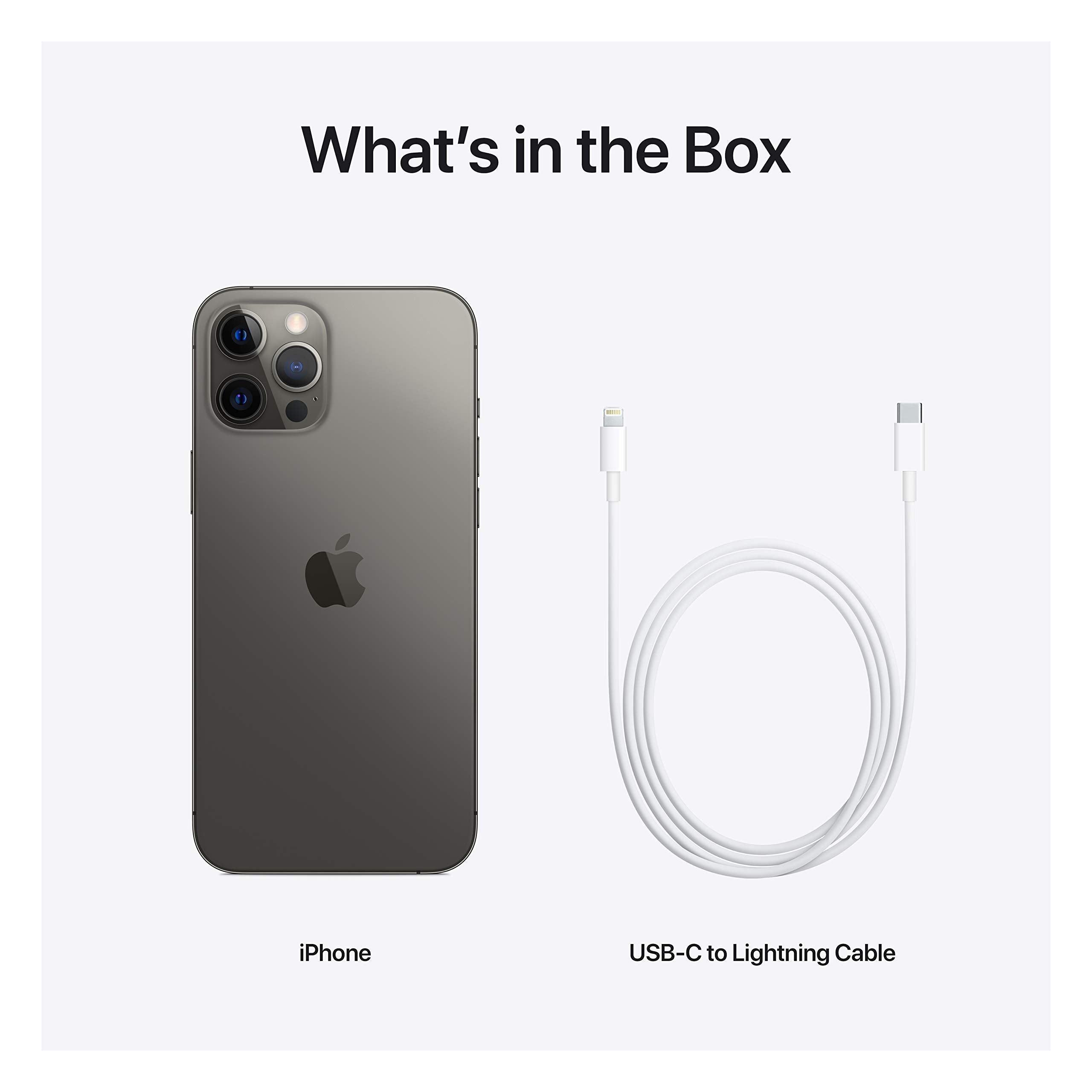 iPhone 12 Pro Max and USB-C to Lightning cable in box, showing phone and charging cord