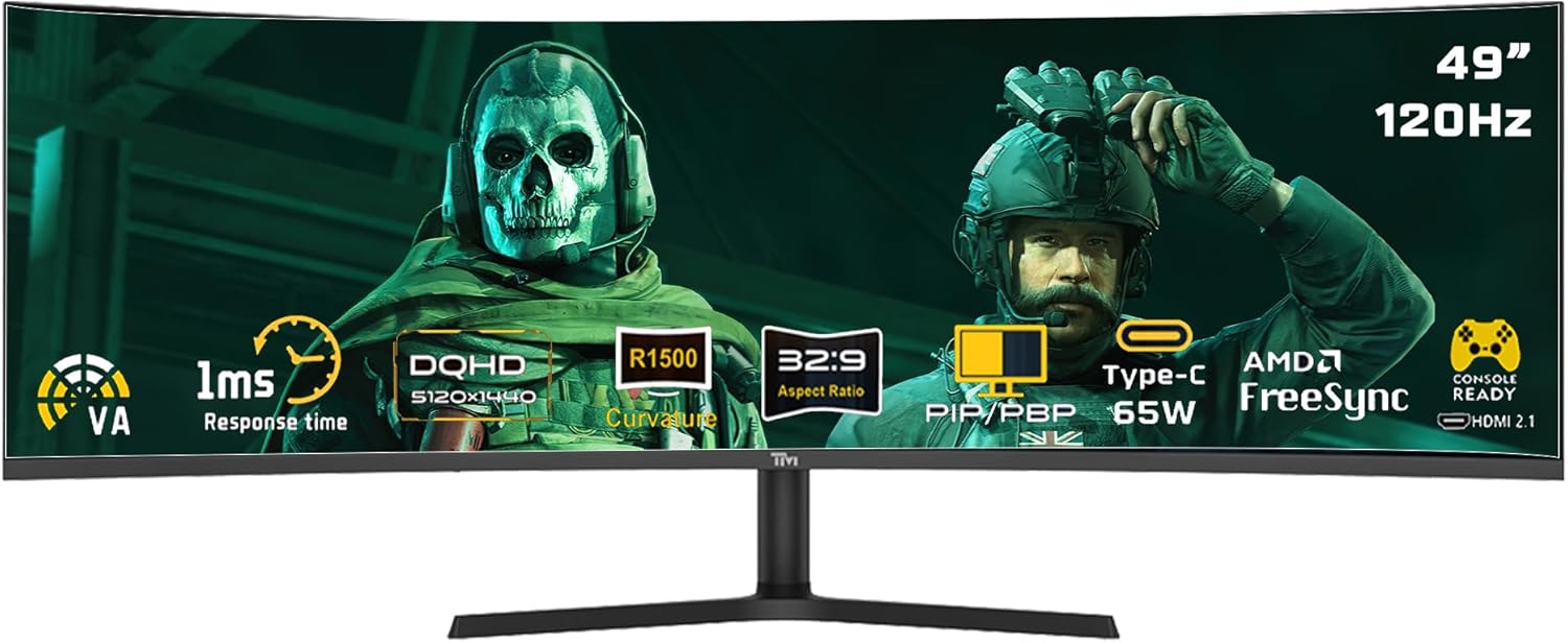 49-inch curved gaming monitor with black stand and wide-screen display
