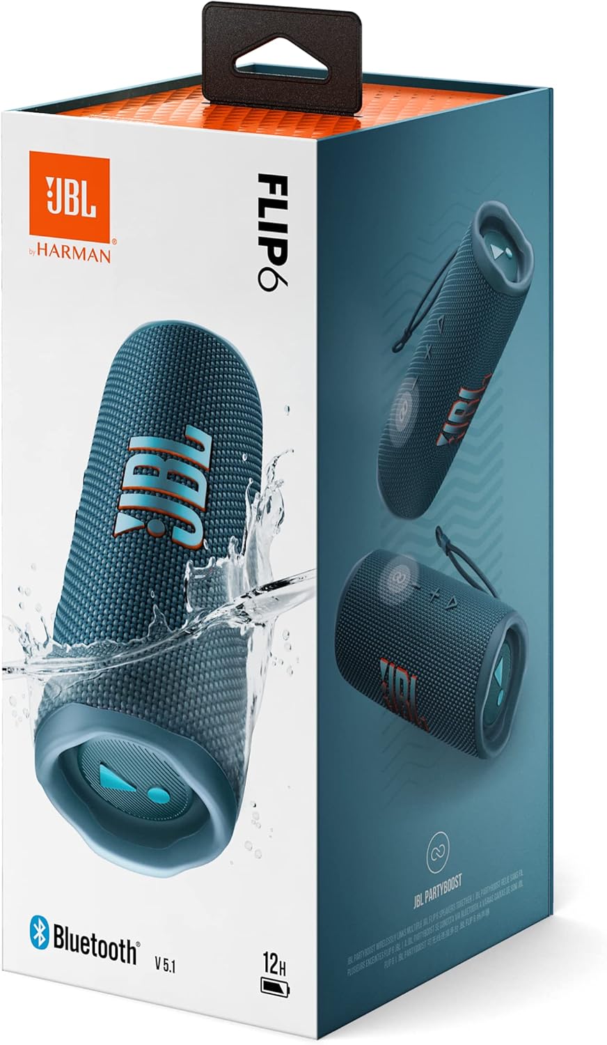 Retail package showing a blue JBL Flip 6 portable speaker with side profile view