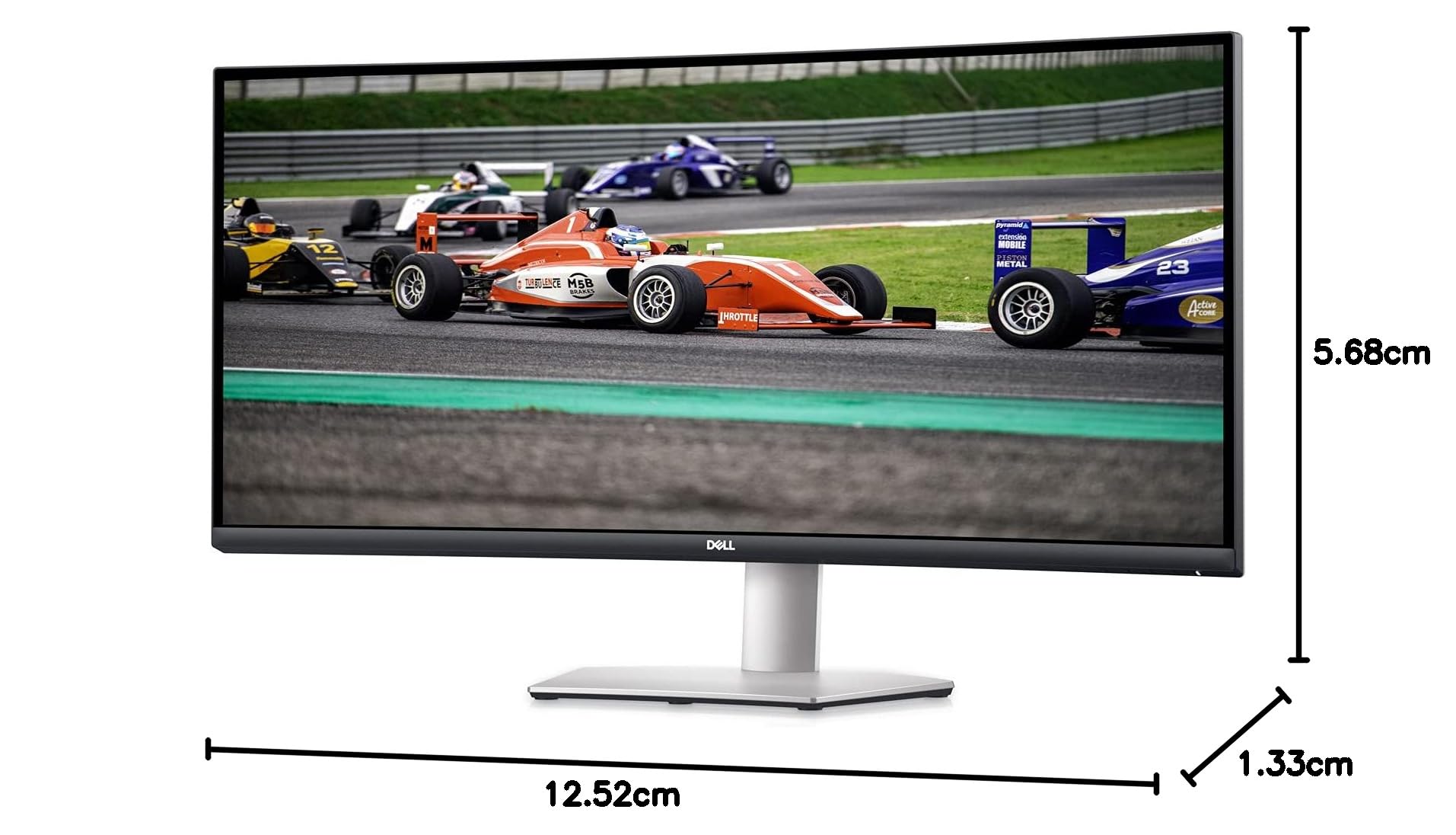 Black curved gaming monitor with racing game display and measurement indicator lines