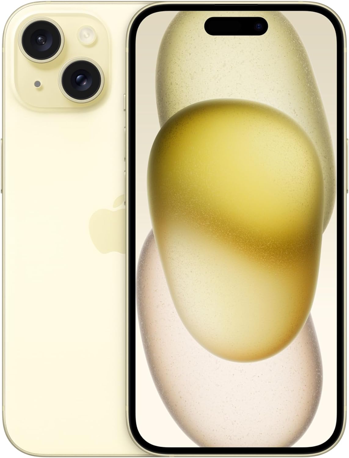 Apple iPhone 15 in yellow, front and back view with dual camera lenses