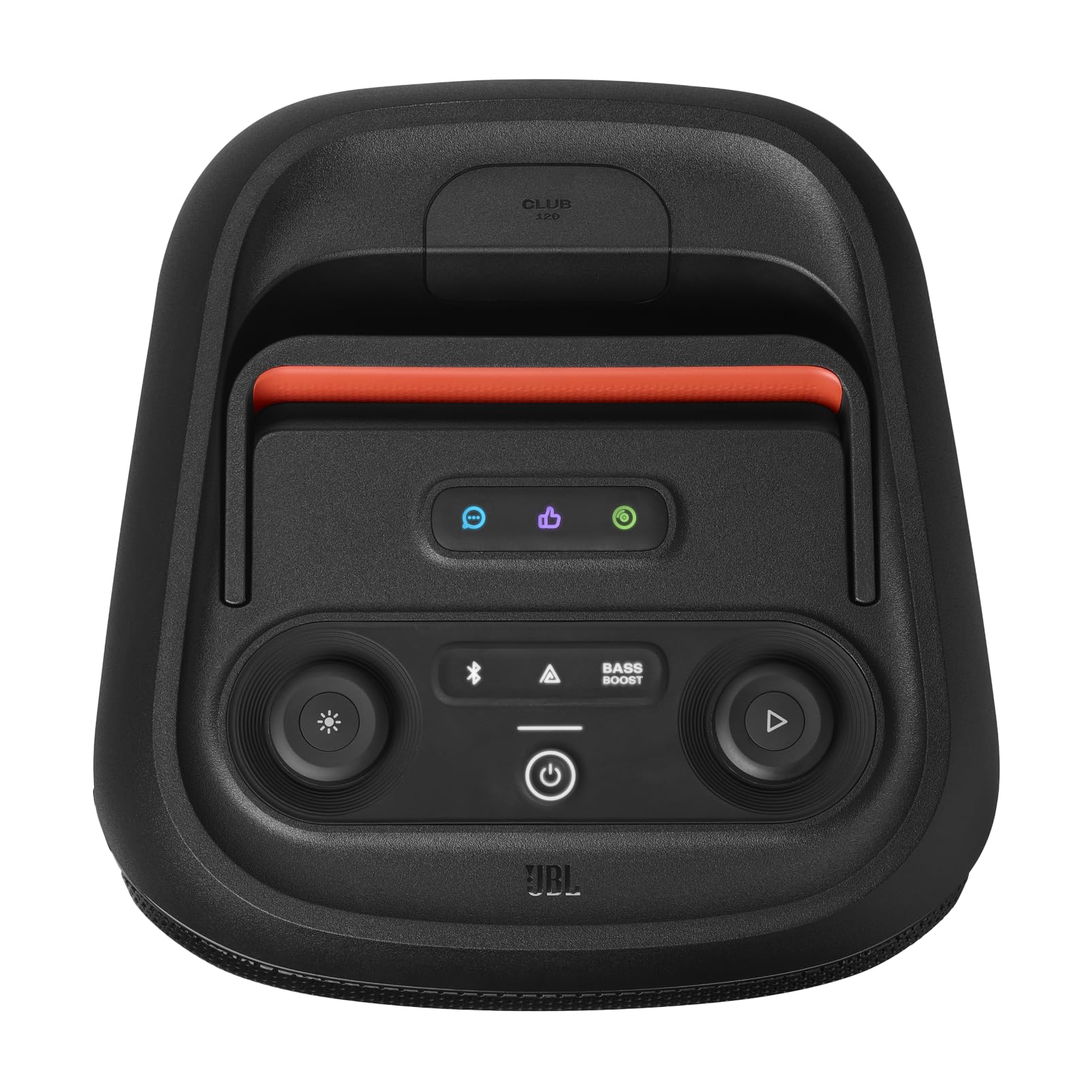 Portable Bluetooth speaker control panel, black with indicator buttons and orange LED trim