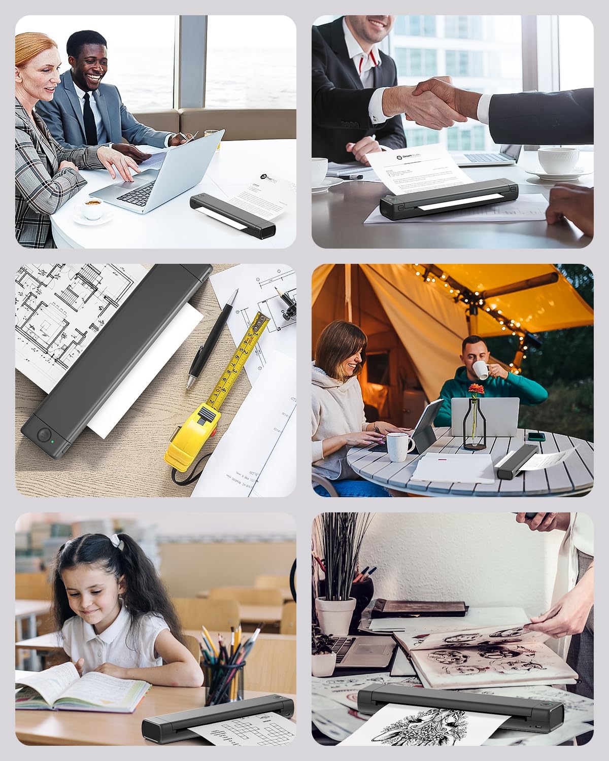 Portable thermal printer printing documents on desk next to devices