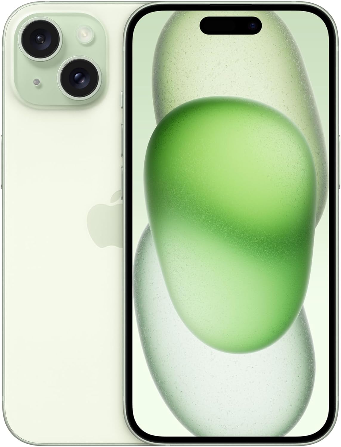 Apple iPhone 15 in light green, front and back view with dual camera lenses