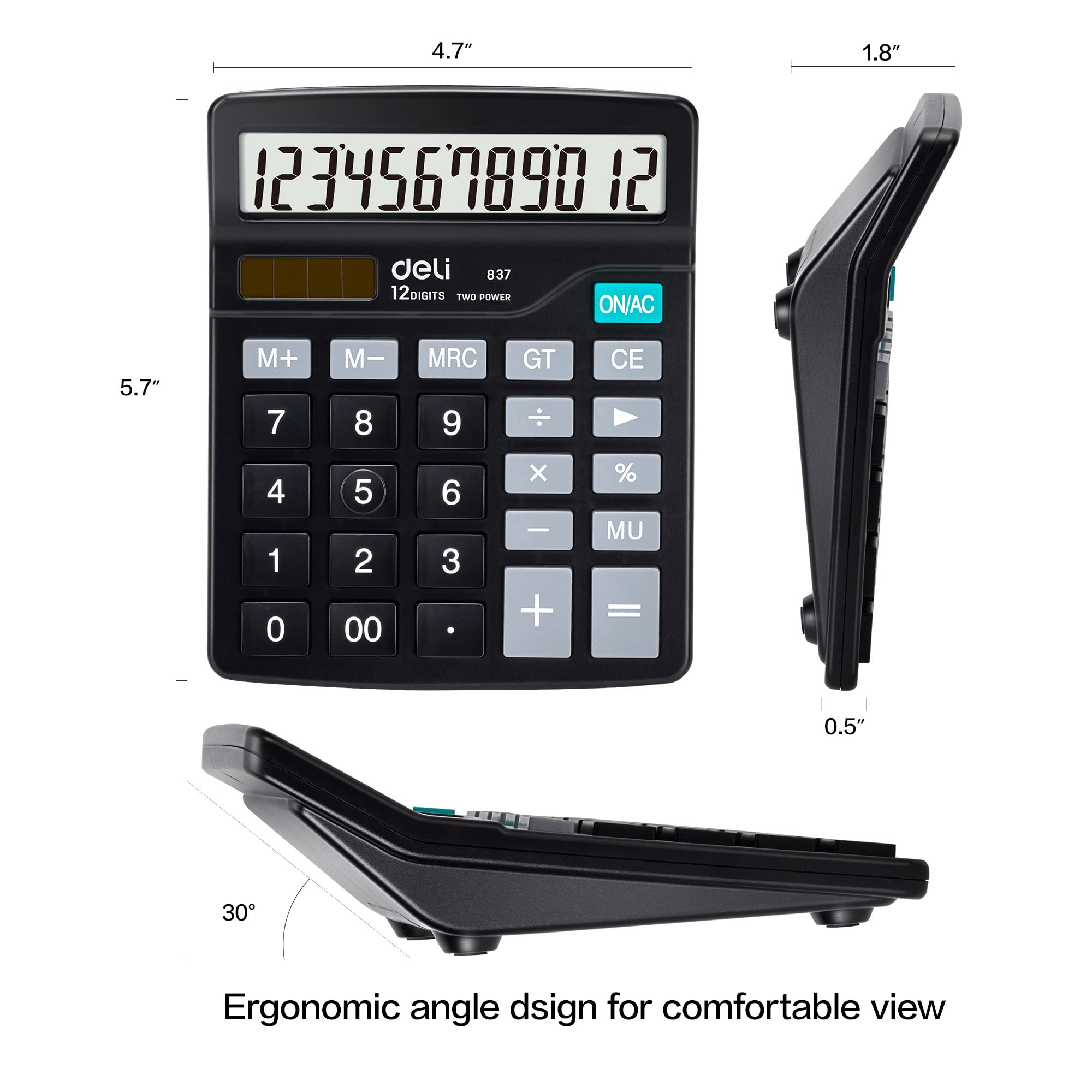 Desktop calculator shown from the side with slim profile and front keypad