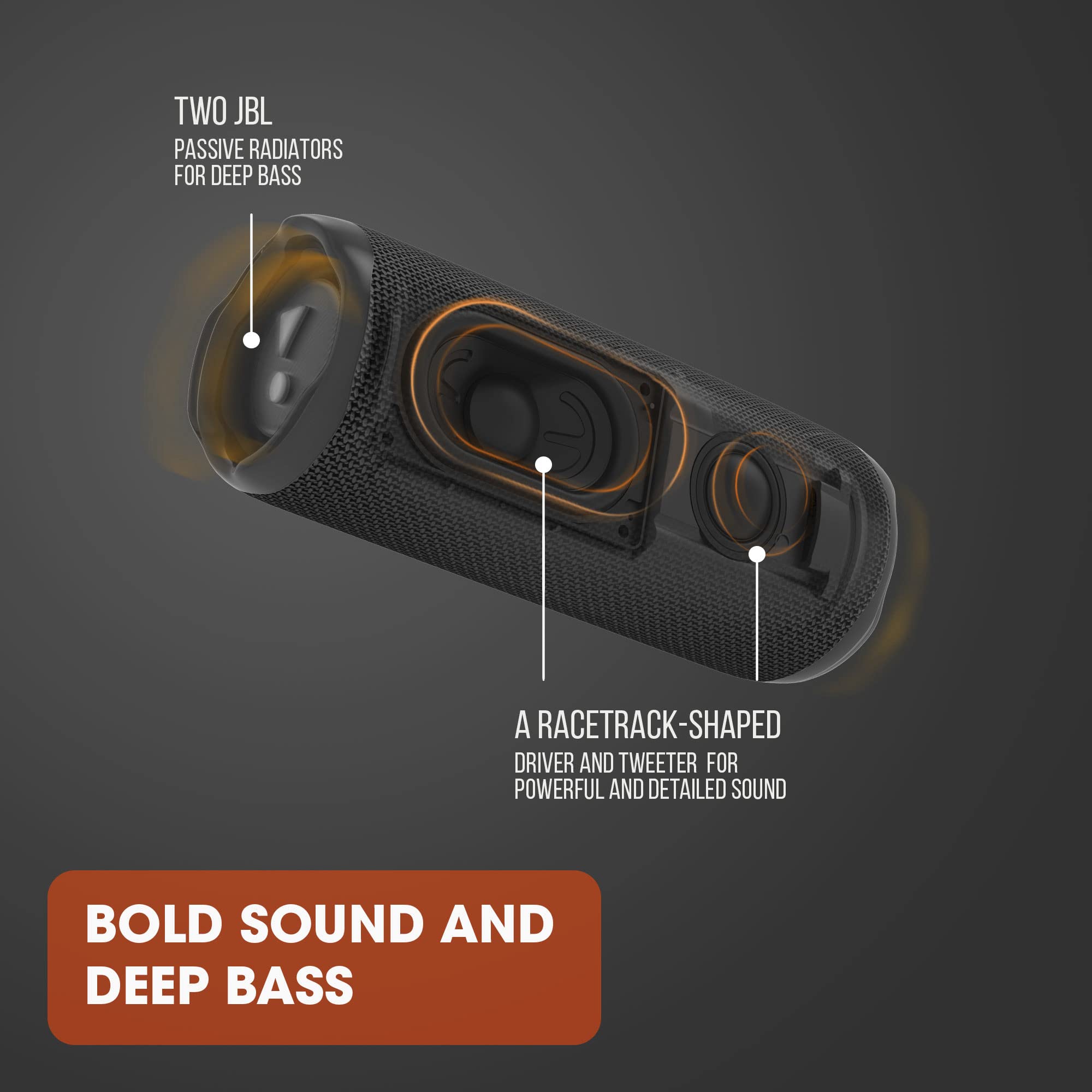 Portable Bluetooth speaker diagram showing two passive radiators and driver details