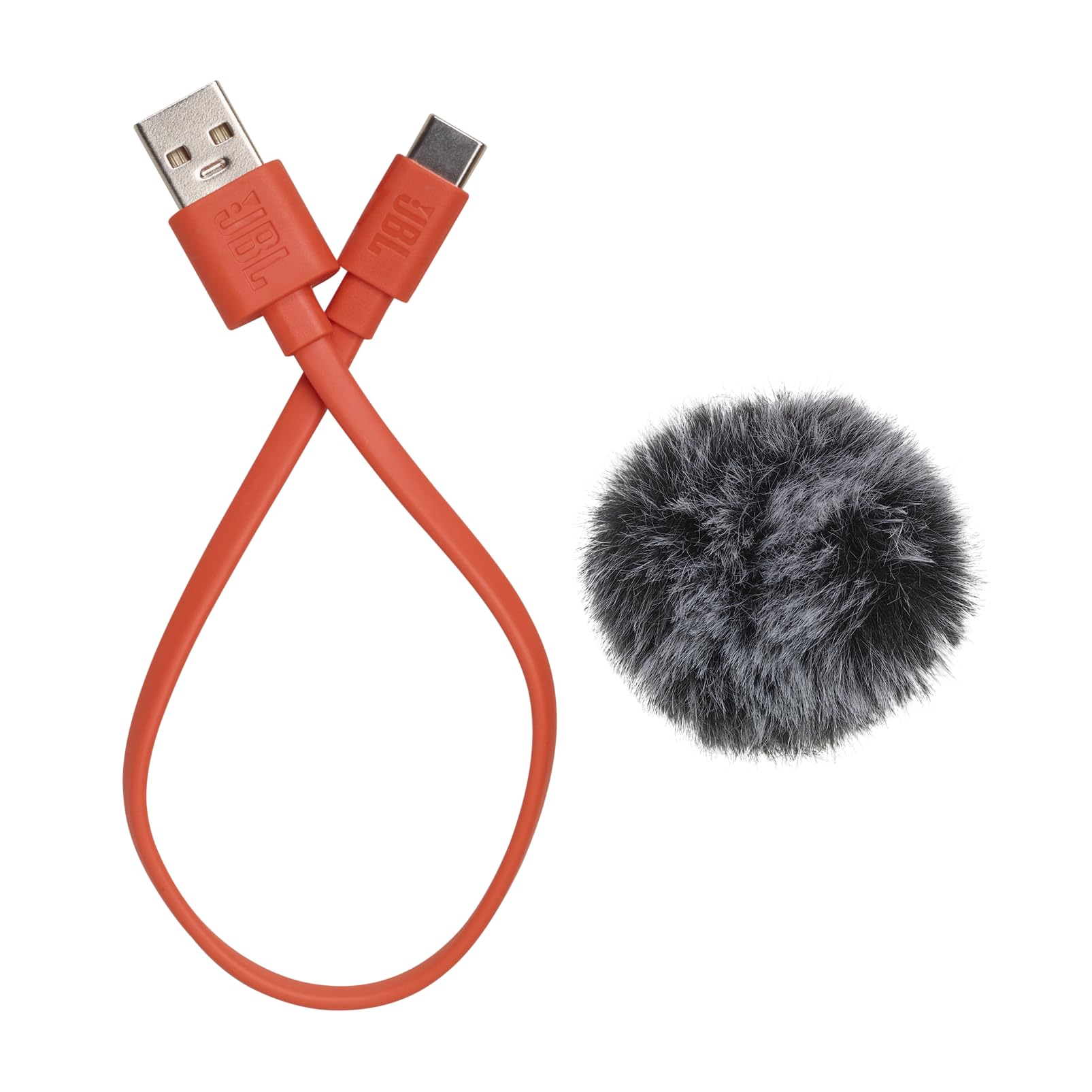 Black handheld microphone head with gray windscreen, with red USB-to-micro connectors cable