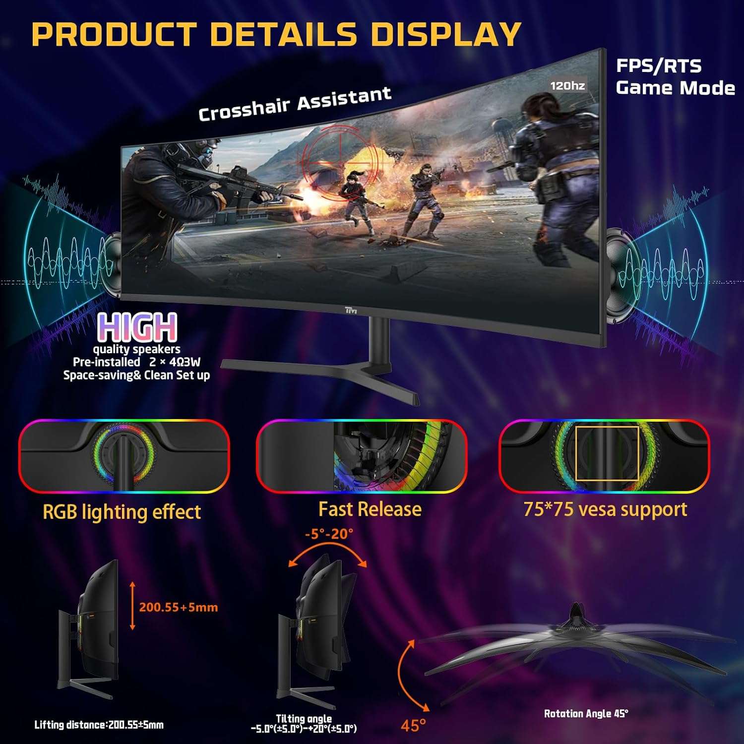 Curved gaming monitor with RGB lighting and adjustable stand details