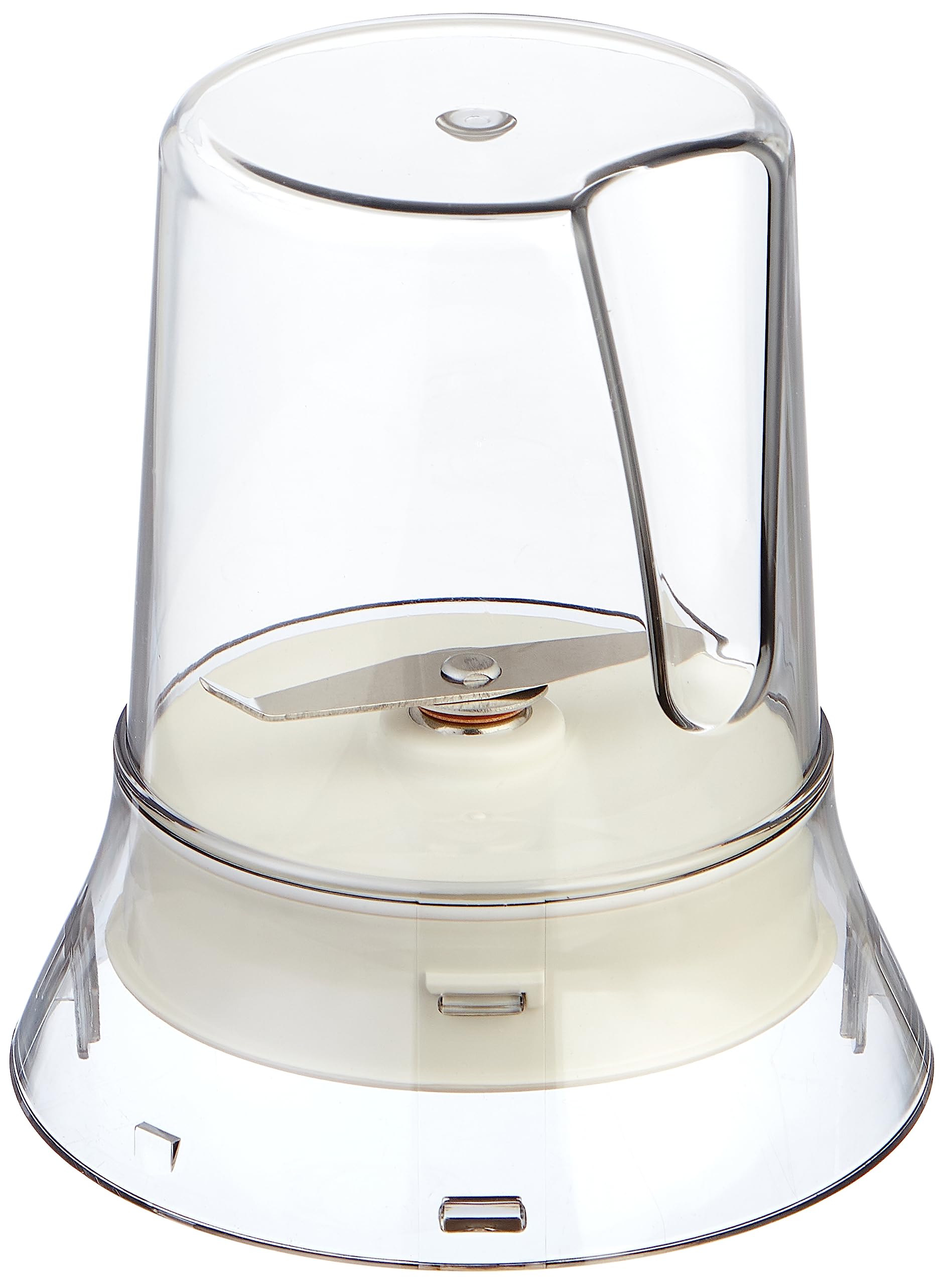 Clear blending jar on electric blender base with metal lid and front switch