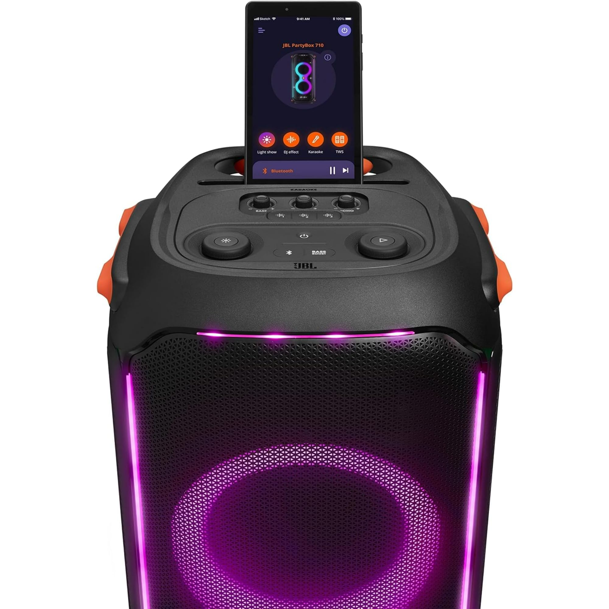 JBL PartyBox speaker top controls with display and glowing purple LED ring lights