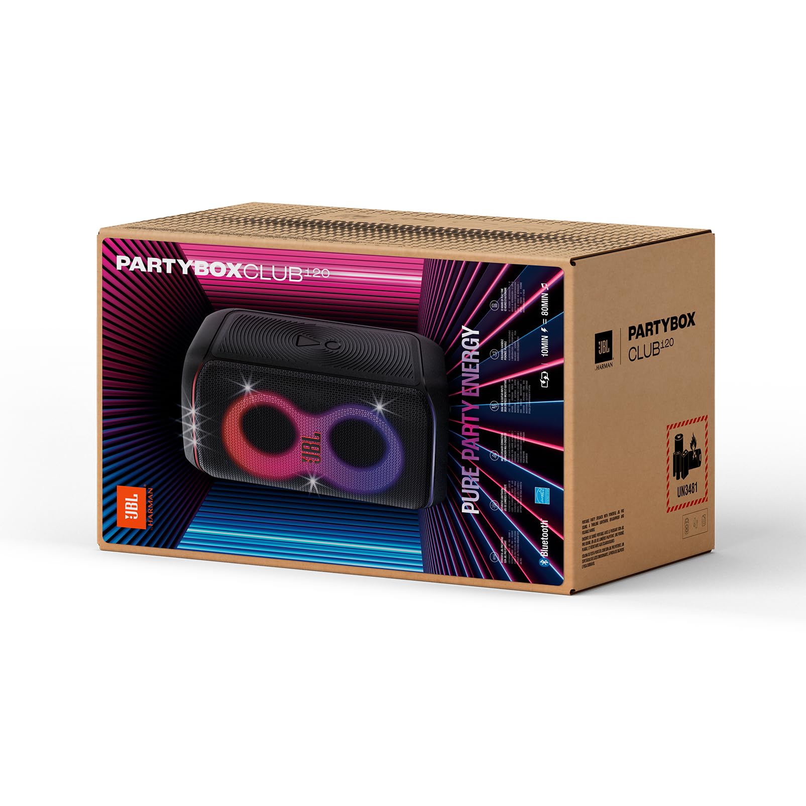 JBL PartyBox portable Bluetooth speaker in retail packaging box with visible speaker